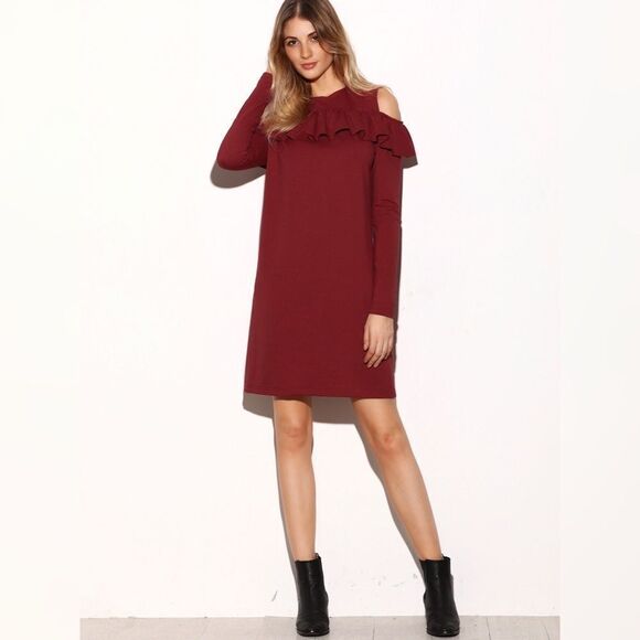 ✨Burgundy Cold Shoulder Ruffle Trim Shift Dress✨ - Picture 1 of 5